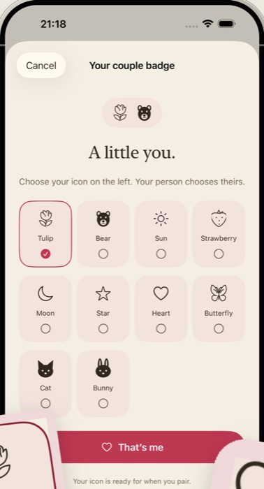 The couple icon picker, with no profile or public-facing elements
