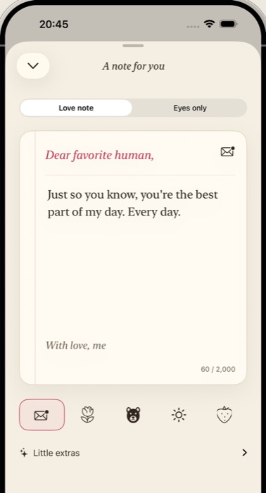 A note with a greeting and signoff, written in the Lovebeam composer