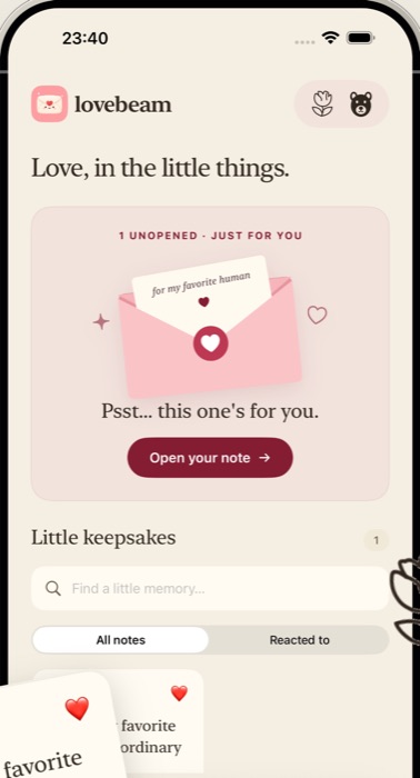 The Lovebeam mailbox showing one unopened note, just for you